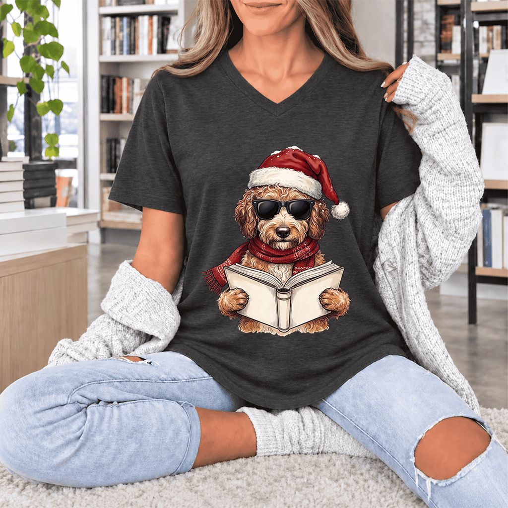 Festive Poodle Reading Ultra-Soft V-Neck | Cozy Christmas Book Lover Gift Dark Grey Heather