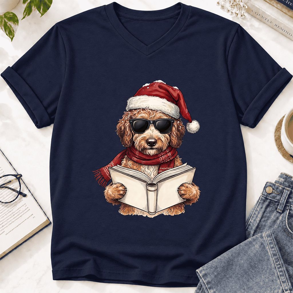 Festive Poodle Reading Ultra-Soft V-Neck | Cozy Christmas Book Lover Gift Navy