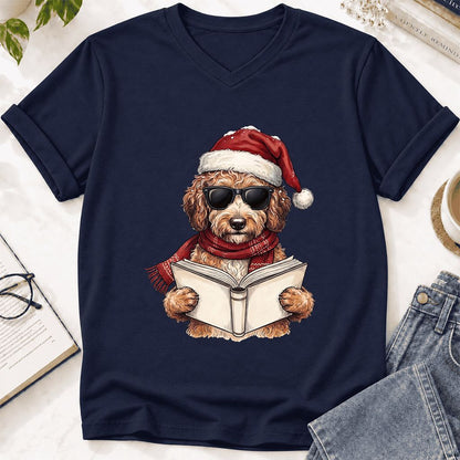 Festive Poodle Reading Ultra-Soft V-Neck | Cozy Christmas Book Lover Gift Navy