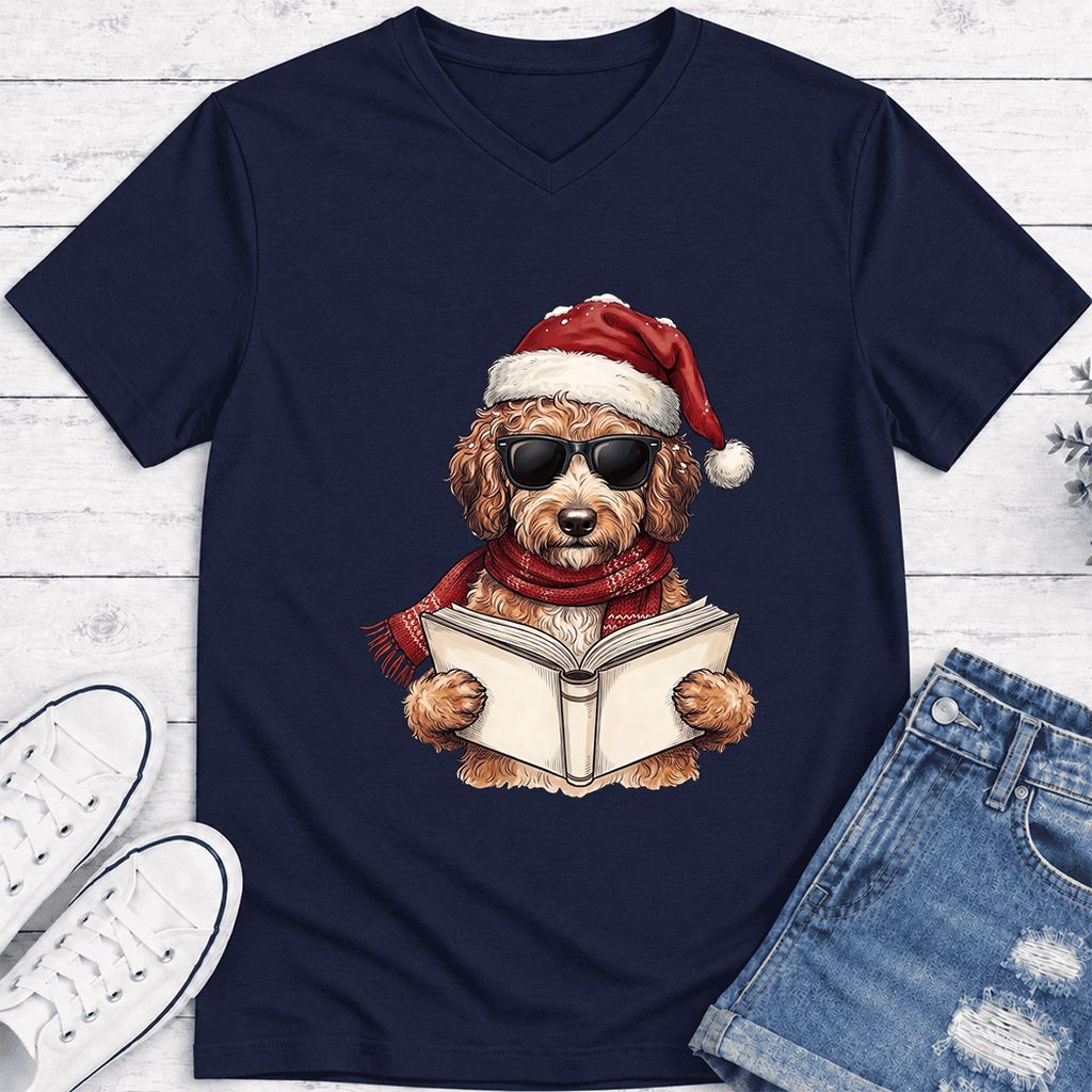 Festive Poodle Reading Ultra-Soft V-Neck | Cozy Christmas Book Lover Gift Navy