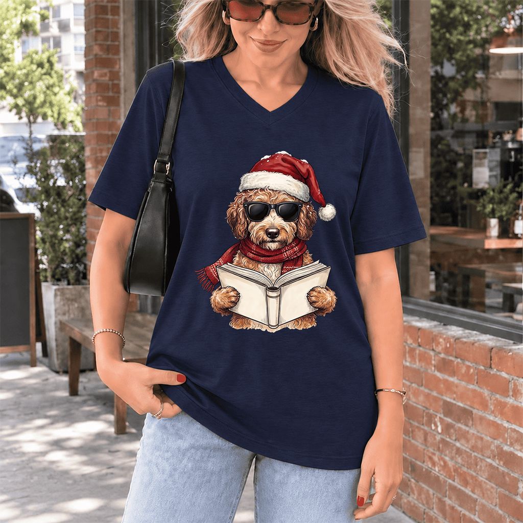 Festive Poodle Reading Ultra-Soft V-Neck | Cozy Christmas Book Lover Gift Navy
