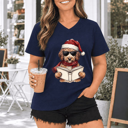 Festive Poodle Reading Ultra-Soft V-Neck | Cozy Christmas Book Lover Gift Navy
