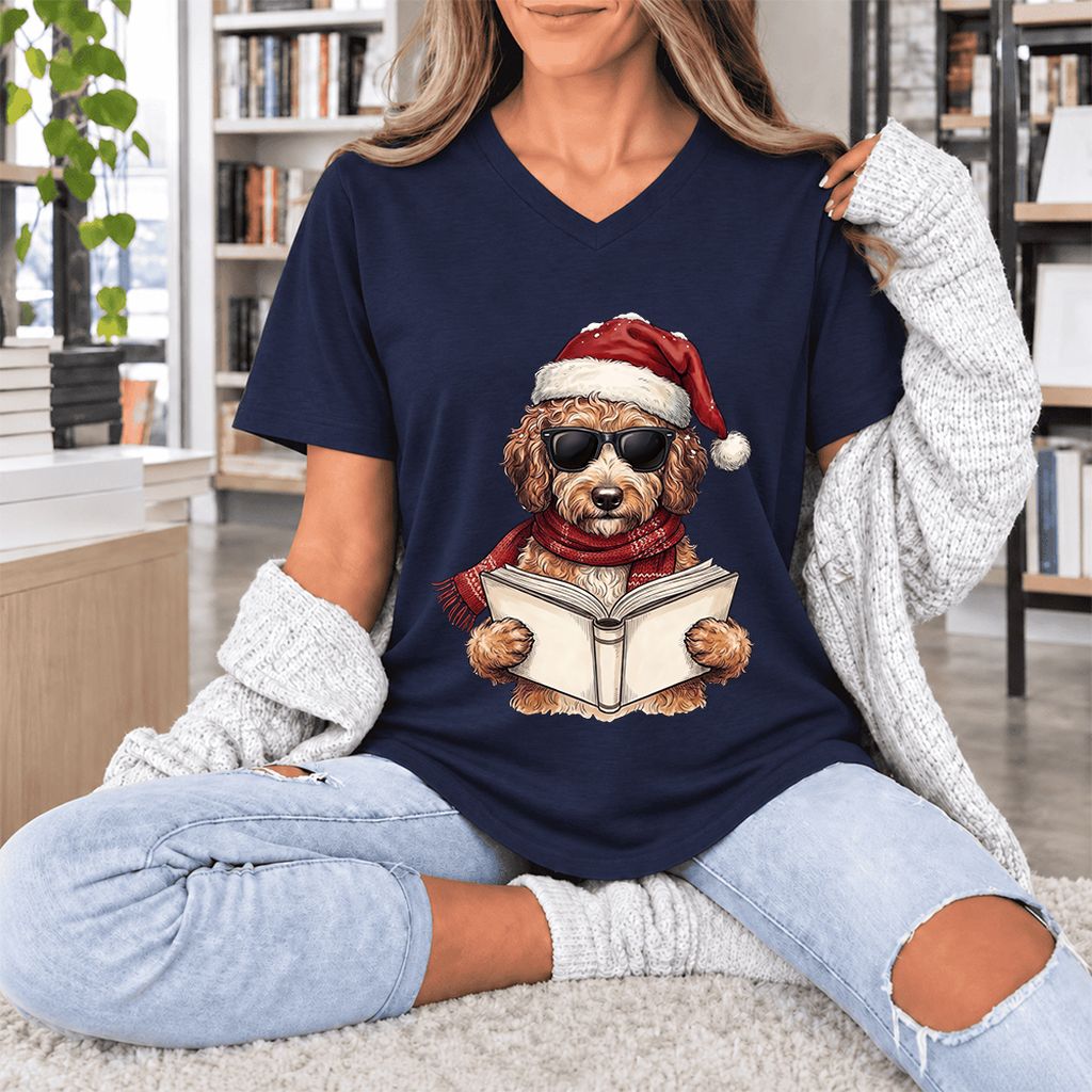 Festive Poodle Reading Ultra-Soft V-Neck | Cozy Christmas Book Lover Gift Navy