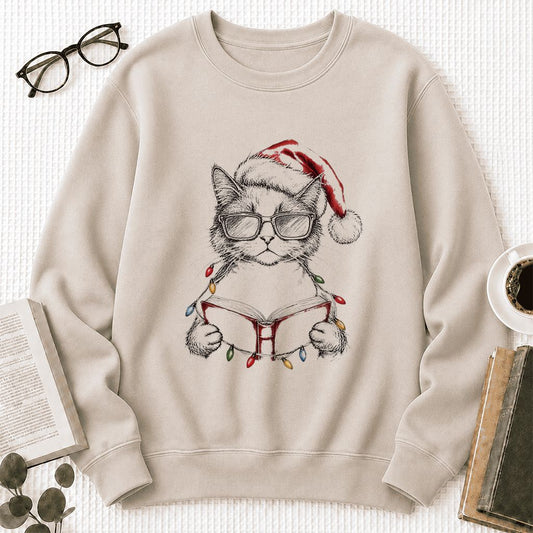 Cat Wearing Christmas Hat Crewneck Sweatshirt | Cat Lover Reader Gift Sand