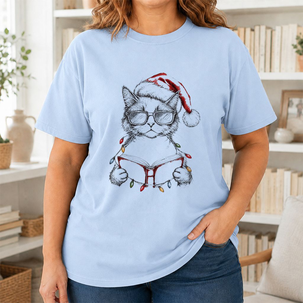 Cat Wearing Christmas Hat Printed T-Shirt | Cat Lover Reader Gift Light Blue