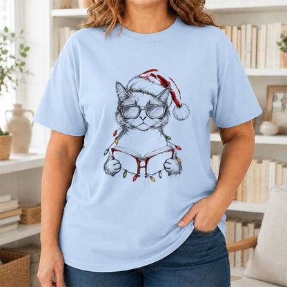 Cat Wearing Christmas Hat Printed T-Shirt | Cat Lover Reader Gift Light Blue