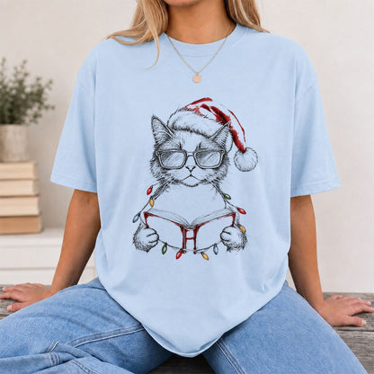 Cat Wearing Christmas Hat Printed T-Shirt | Cat Lover Reader Gift Light Blue