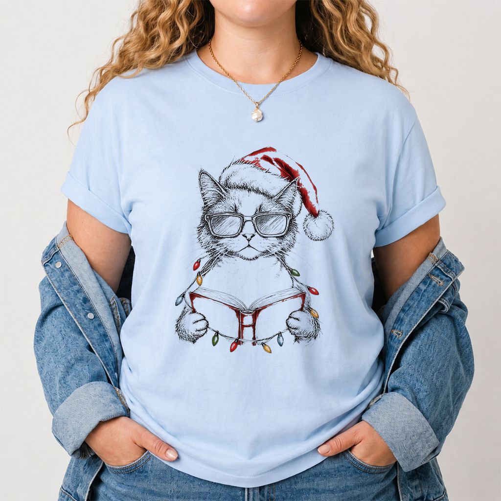 Cat Wearing Christmas Hat Printed T-Shirt | Cat Lover Reader Gift Light Blue