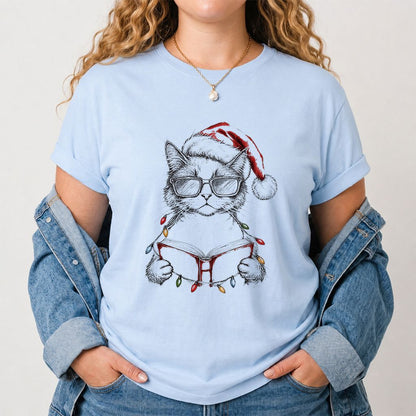 Cat Wearing Christmas Hat Printed T-Shirt | Cat Lover Reader Gift Light Blue