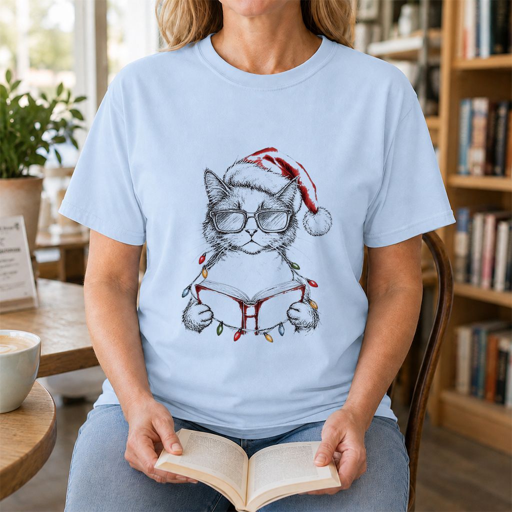 Cat Wearing Christmas Hat Printed T-Shirt | Cat Lover Reader Gift Light Blue