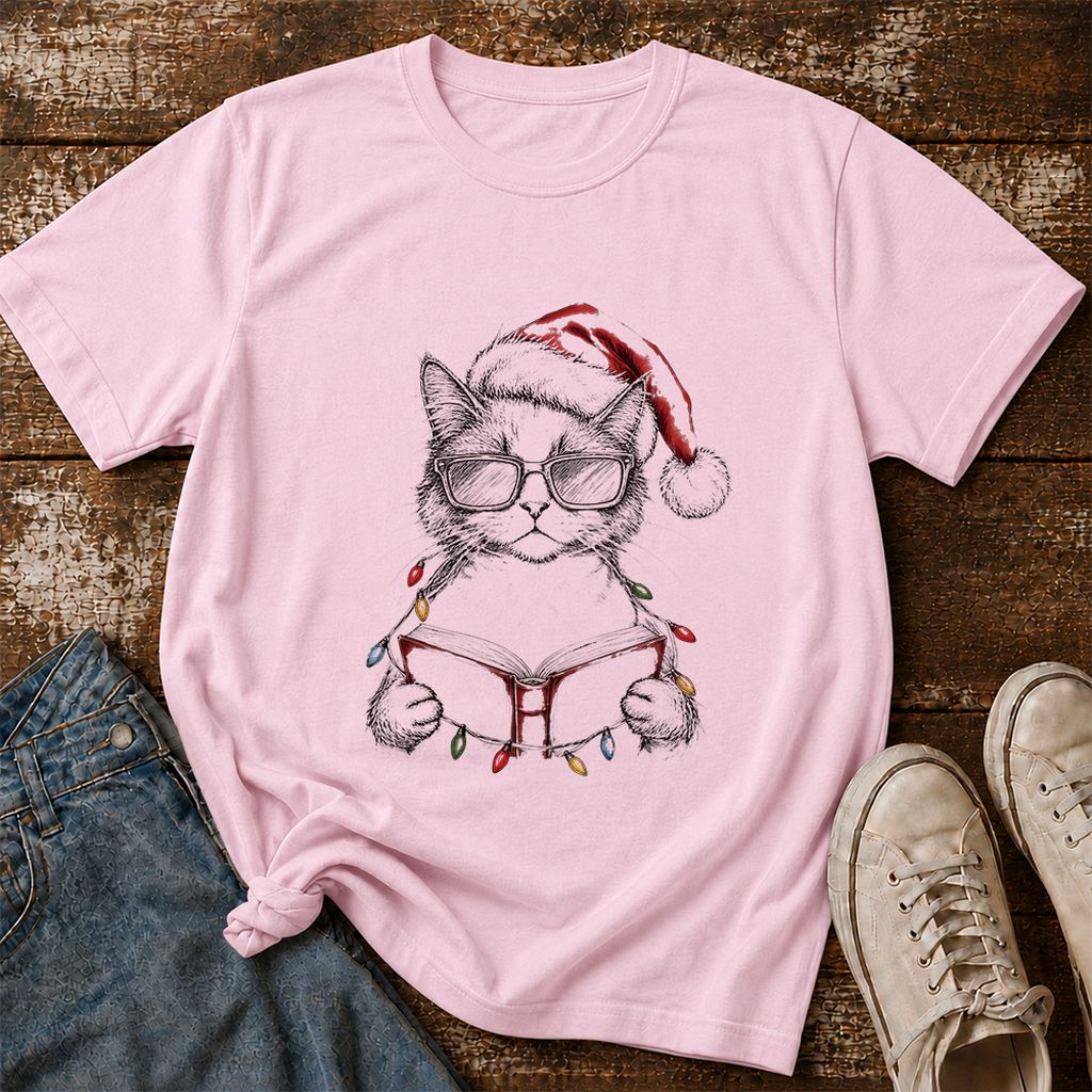 Cat Wearing Christmas Hat Printed T-Shirt | Cat Lover Reader Gift Light Pink