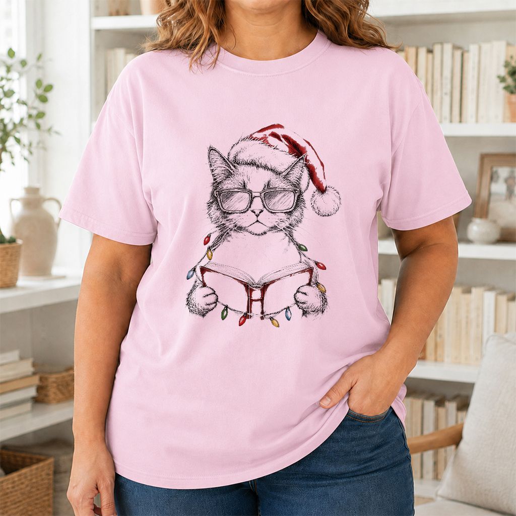 Cat Wearing Christmas Hat Printed T-Shirt | Cat Lover Reader Gift Light Pink