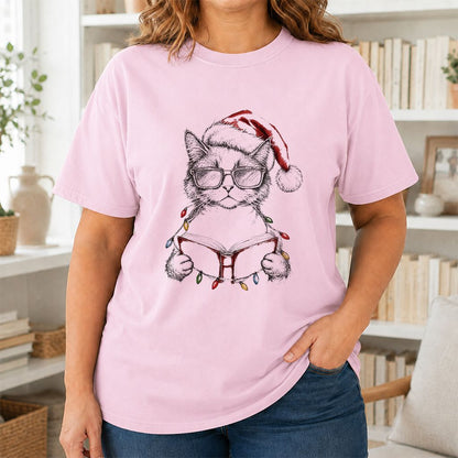 Cat Wearing Christmas Hat Printed T-Shirt | Cat Lover Reader Gift Light Pink