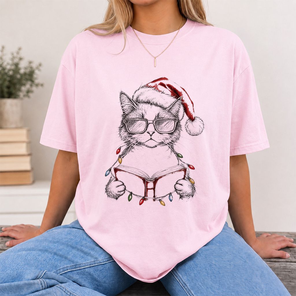 Cat Wearing Christmas Hat Printed T-Shirt | Cat Lover Reader Gift Light Pink
