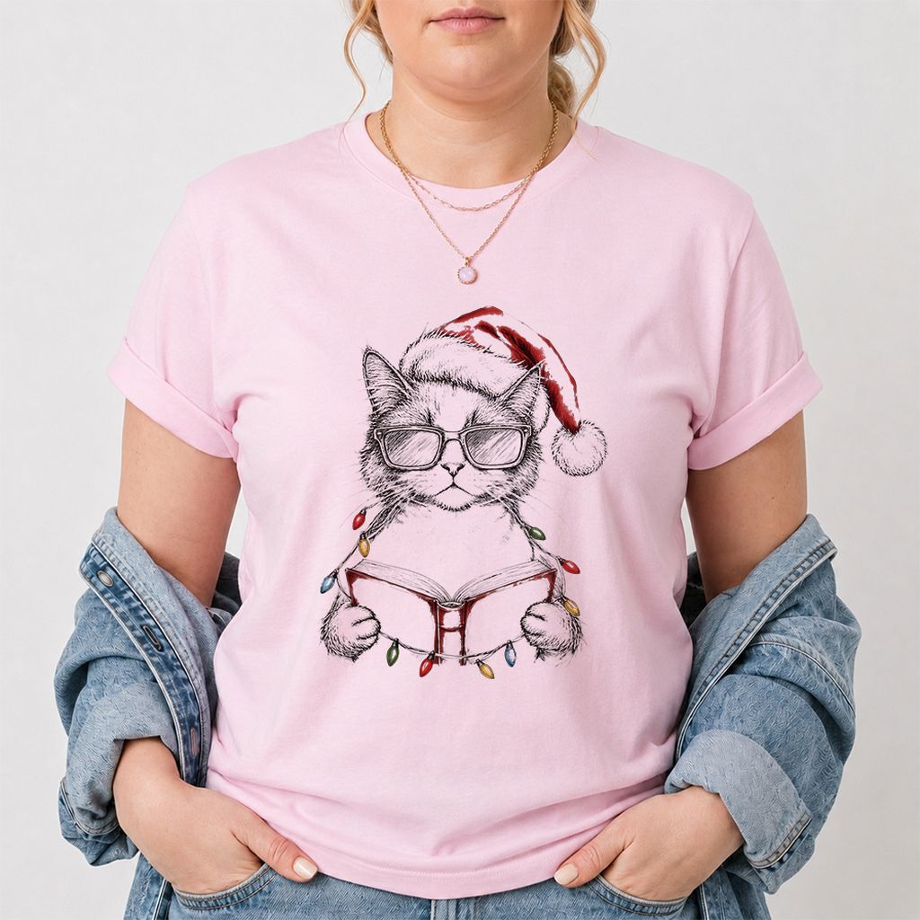 Cat Wearing Christmas Hat Printed T-Shirt | Cat Lover Reader Gift Light Pink
