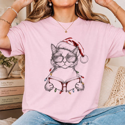 Cat Wearing Christmas Hat Printed T-Shirt | Cat Lover Reader Gift Light Pink