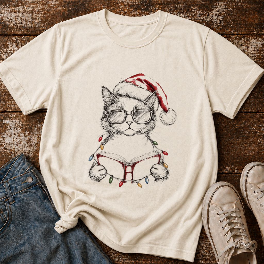 Cat Wearing Christmas Hat Printed T-Shirt | Cat Lover Reader Gift Natural