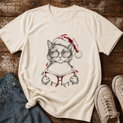 Cat Wearing Christmas Hat Printed T-Shirt | Cat Lover Reader Gift Natural