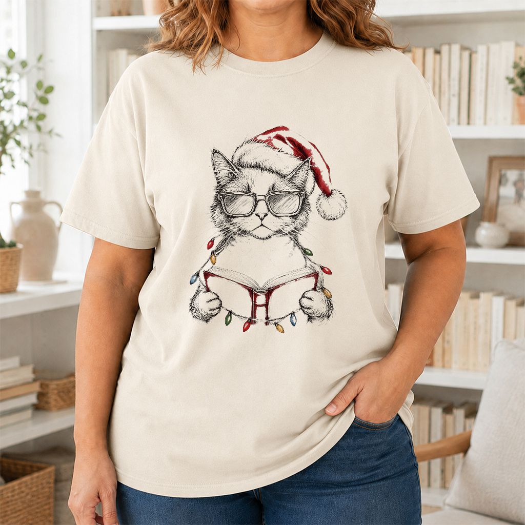 Cat Wearing Christmas Hat Printed T-Shirt | Cat Lover Reader Gift Natural