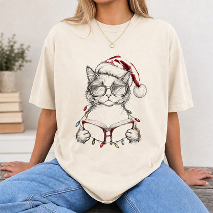 Cat Wearing Christmas Hat Printed T-Shirt | Cat Lover Reader Gift Natural
