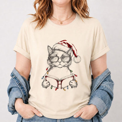 Cat Wearing Christmas Hat Printed T-Shirt | Cat Lover Reader Gift Natural