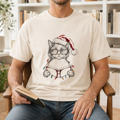 Cat Wearing Christmas Hat Printed T-Shirt | Cat Lover Reader Gift Natural