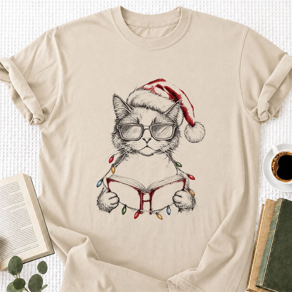 Cat Wearing Christmas Hat Printed T-Shirt | Cat Lover Reader Gift Sand