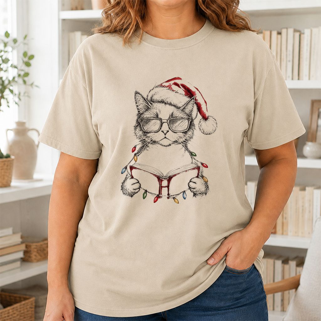 Cat Wearing Christmas Hat Printed T-Shirt | Cat Lover Reader Gift Sand