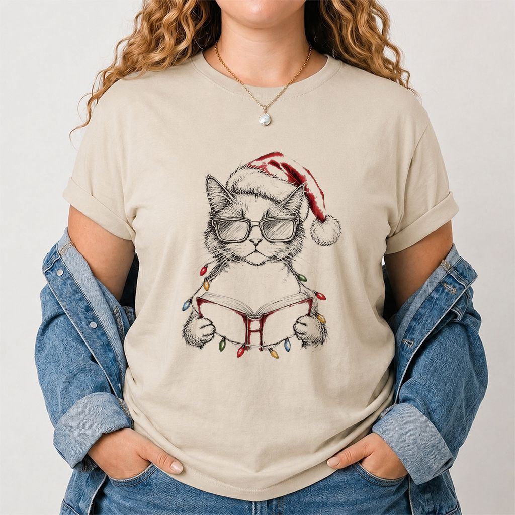 Cat Wearing Christmas Hat Printed T-Shirt | Cat Lover Reader Gift Sand