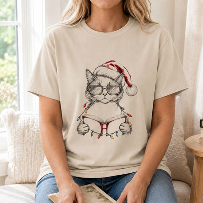 Cat Wearing Christmas Hat Printed T-Shirt | Cat Lover Reader Gift Sand