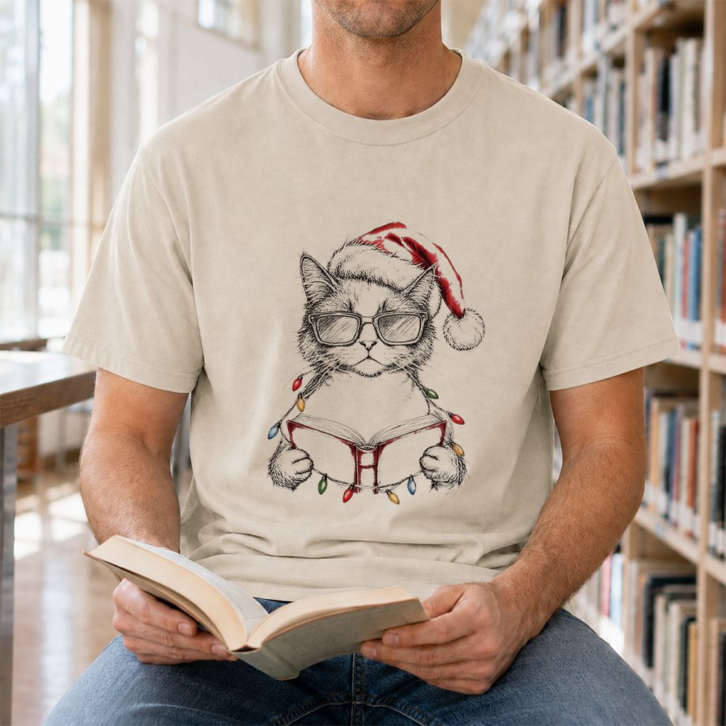Cat Wearing Christmas Hat Printed T-Shirt | Cat Lover Reader Gift Sand