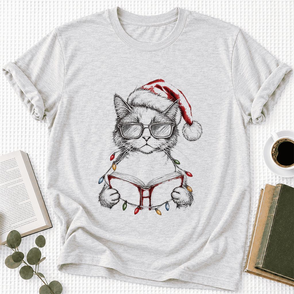 Cat Wearing Christmas Hat Ultra-Soft Cotton T-Shirt | Cat Lover Reader Gift Ash