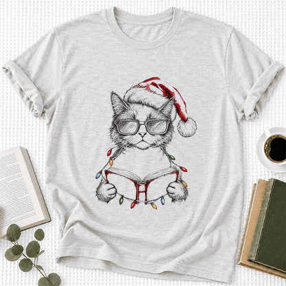 Cat Wearing Christmas Hat Ultra-Soft Cotton T-Shirt | Cat Lover Reader Gift Ash