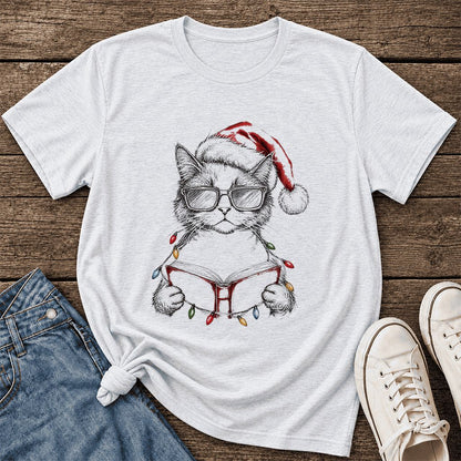 Cat Wearing Christmas Hat Ultra-Soft Cotton T-Shirt | Cat Lover Reader Gift Ash