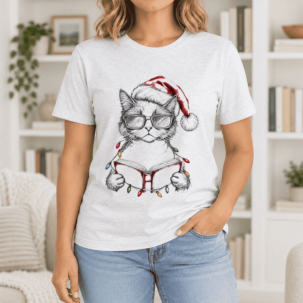Cat Wearing Christmas Hat Ultra-Soft Cotton T-Shirt | Cat Lover Reader Gift Ash