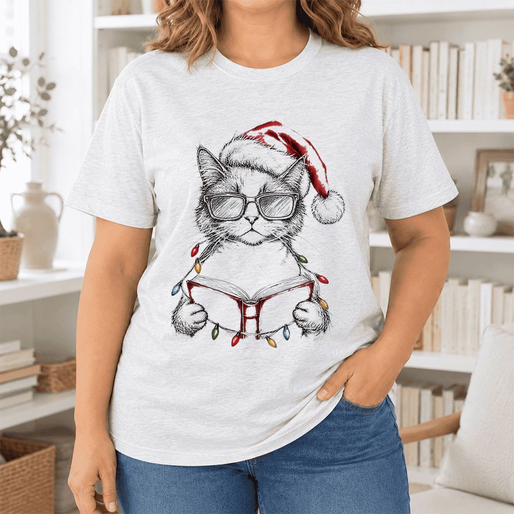 Cat Wearing Christmas Hat Ultra-Soft Cotton T-Shirt | Cat Lover Reader Gift Ash