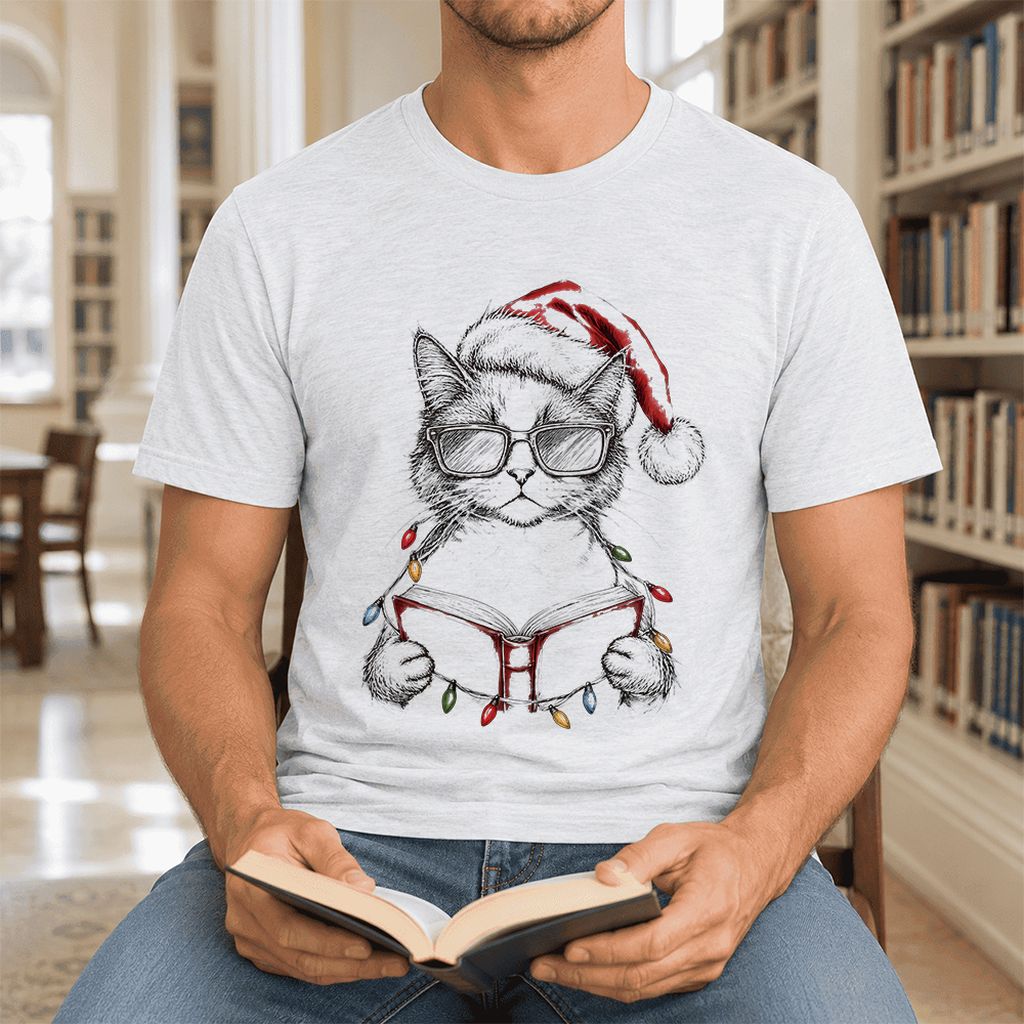 Cat Wearing Christmas Hat Ultra-Soft Cotton T-Shirt | Cat Lover Reader Gift Ash
