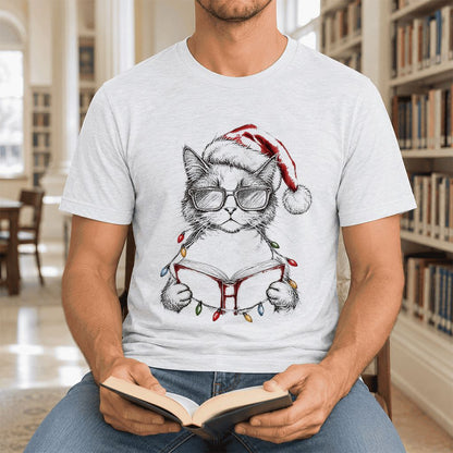 Cat Wearing Christmas Hat Ultra-Soft Cotton T-Shirt | Cat Lover Reader Gift Ash