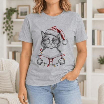 Cat Wearing Christmas Hat Ultra-Soft Cotton T-Shirt | Cat Lover Reader Gift Athletic Heather