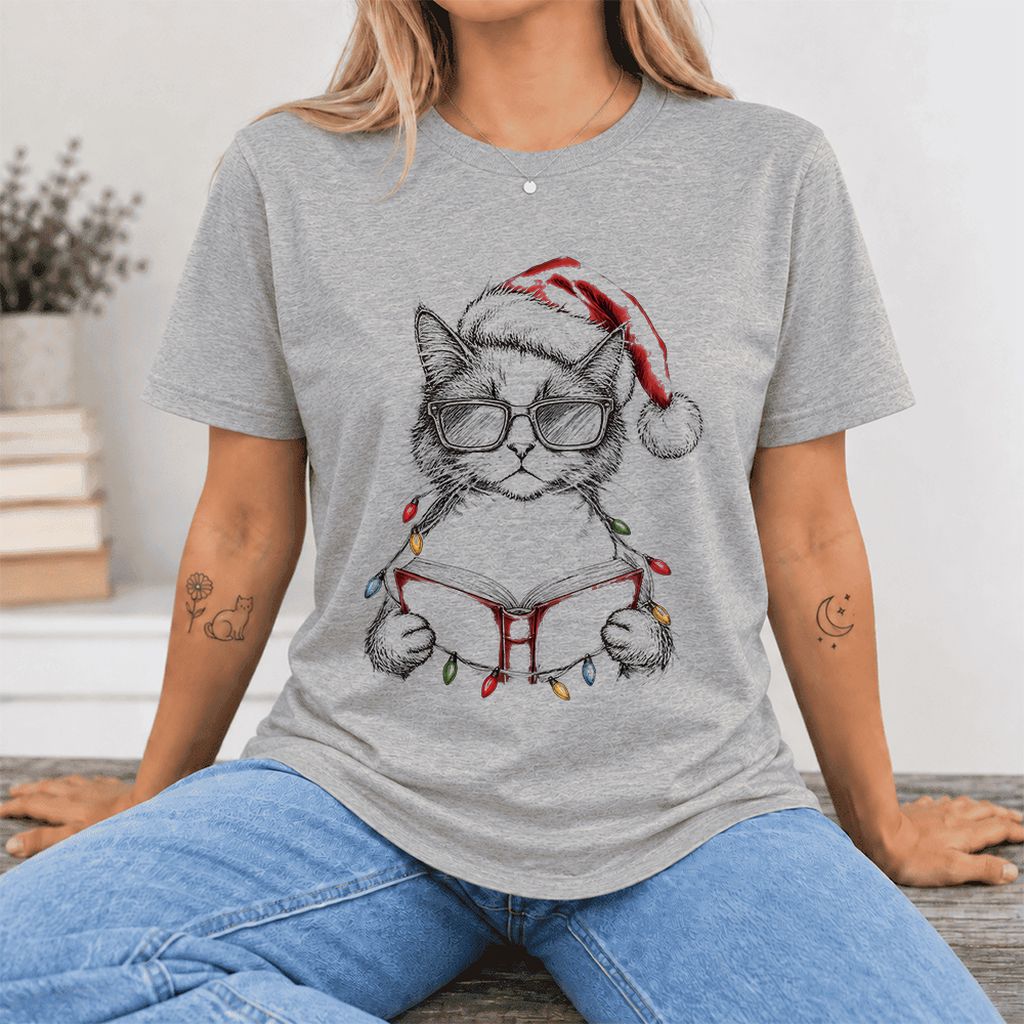 Cat Wearing Christmas Hat Ultra-Soft Cotton T-Shirt | Cat Lover Reader Gift Athletic Heather