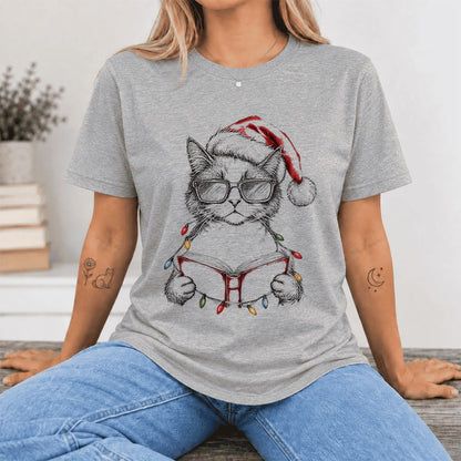 Cat Wearing Christmas Hat Ultra-Soft Cotton T-Shirt | Cat Lover Reader Gift Athletic Heather