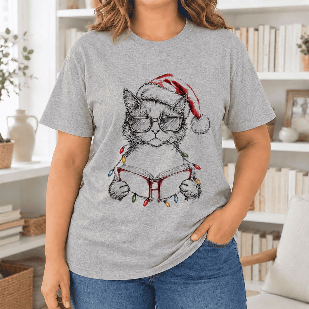 Cat Wearing Christmas Hat Ultra-Soft Cotton T-Shirt | Cat Lover Reader Gift Athletic Heather