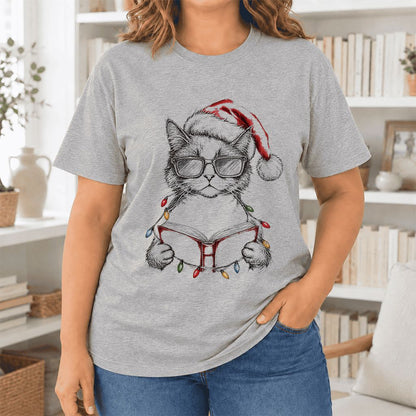 Cat Wearing Christmas Hat Ultra-Soft Cotton T-Shirt | Cat Lover Reader Gift Athletic Heather