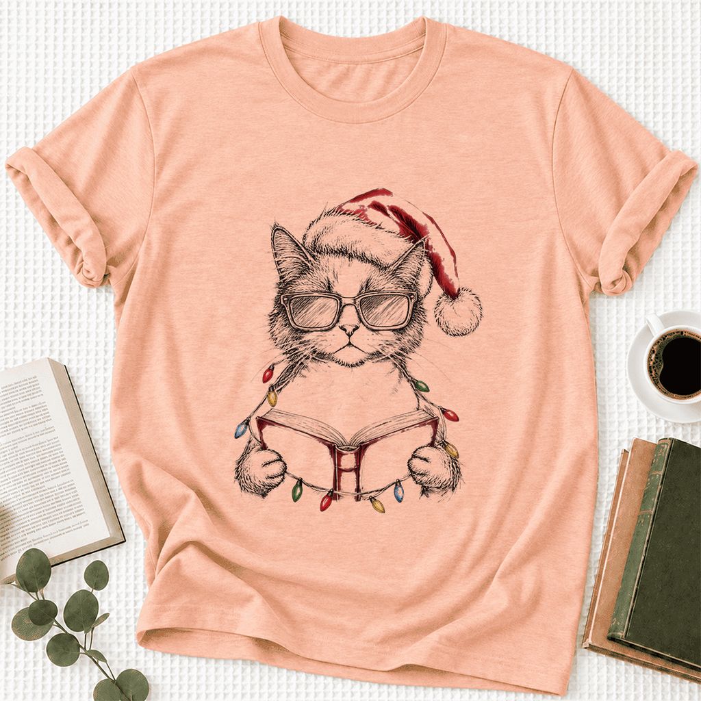Cat Wearing Christmas Hat Ultra-Soft Cotton T-Shirt | Cat Lover Reader Gift Heather Peach