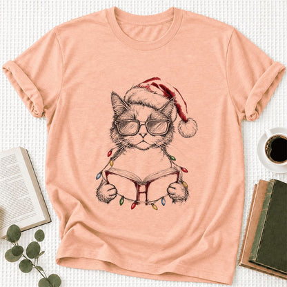 Cat Wearing Christmas Hat Ultra-Soft Cotton T-Shirt | Cat Lover Reader Gift Heather Peach