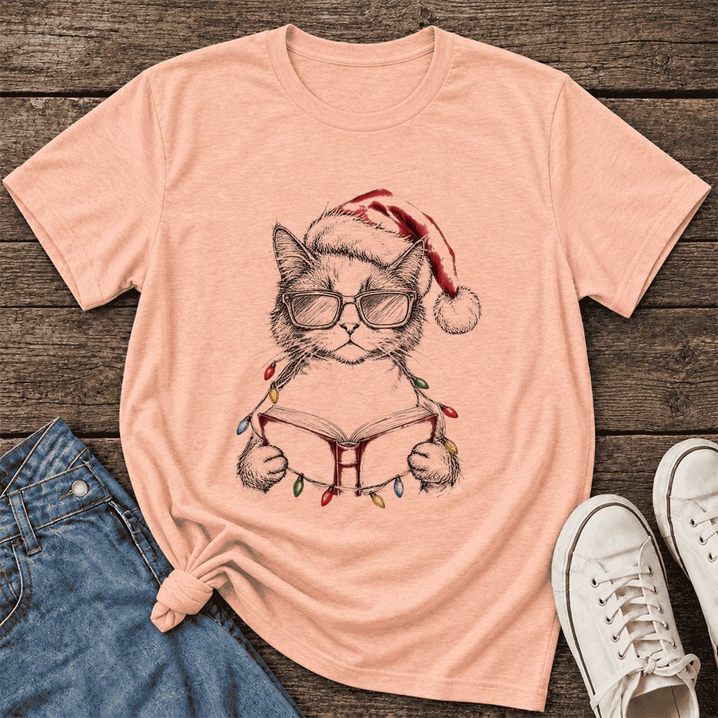 Cat Wearing Christmas Hat Ultra-Soft Cotton T-Shirt | Cat Lover Reader Gift Heather Peach