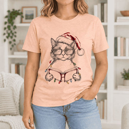 Cat Wearing Christmas Hat Ultra-Soft Cotton T-Shirt | Cat Lover Reader Gift Heather Peach