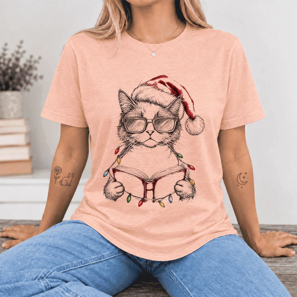 Cat Wearing Christmas Hat Ultra-Soft Cotton T-Shirt | Cat Lover Reader Gift Heather Peach
