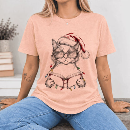 Cat Wearing Christmas Hat Ultra-Soft Cotton T-Shirt | Cat Lover Reader Gift Heather Peach