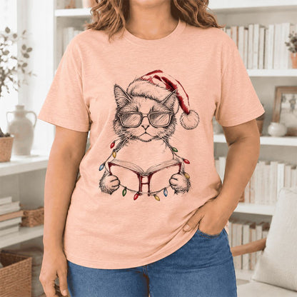 Cat Wearing Christmas Hat Ultra-Soft Cotton T-Shirt | Cat Lover Reader Gift Heather Peach